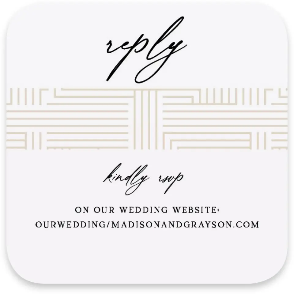 This is a 3¼" x 3¼" Wedding Invitation RSVP Postcard called Love Maze printed in full color with Silver foil on Luxe Satin paper