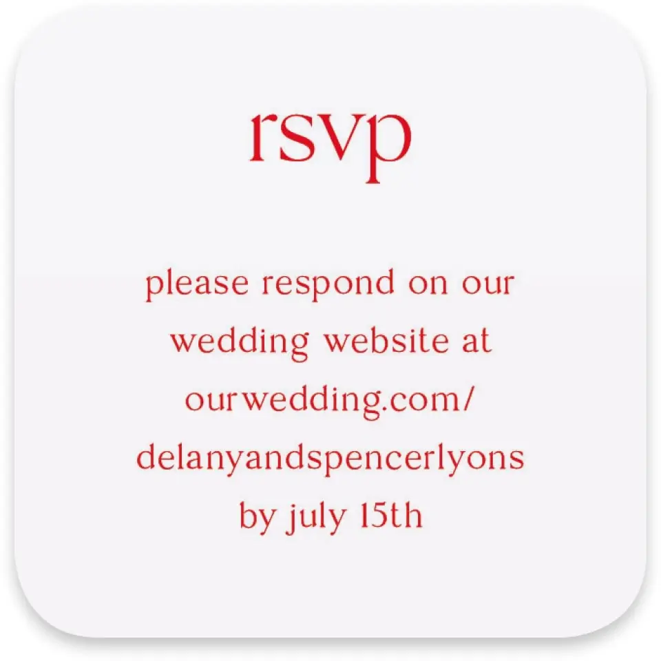 This is a 3¼" x 3¼" Wedding Invitation RSVP Postcard called The Delaney printed in full color on Luxe Satin paper