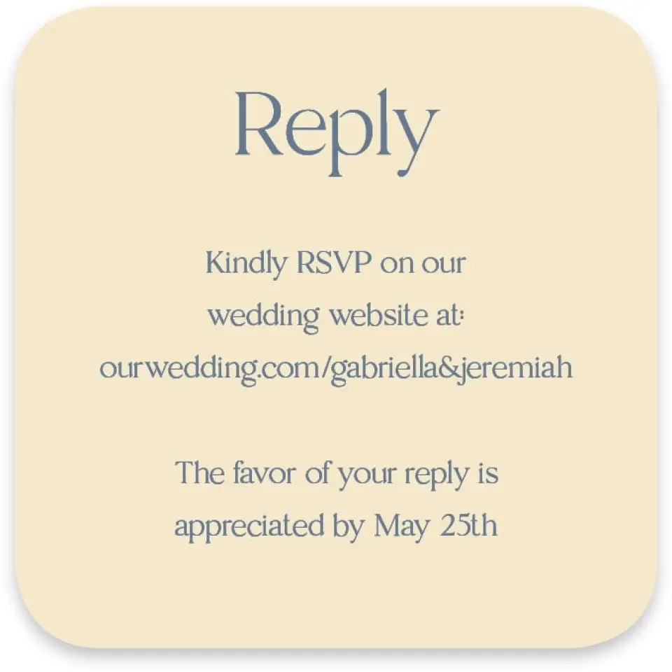 This is a 3¼" x 3¼" Wedding Invitation RSVP Postcard called The Gabriella printed in full color on Luxe Satin paper