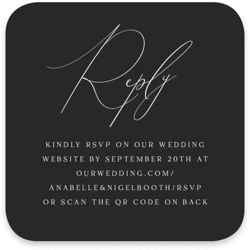 This is a 3¼" x 3¼" Wedding Invitation RSVP Postcard called The Anabelle printed in full color with Silver foil on Luxe Satin paper