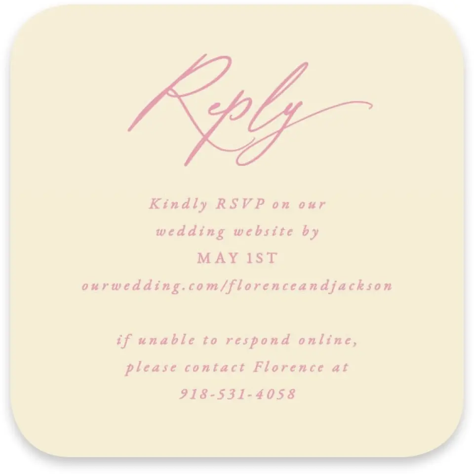 This is a 3¼" x 3¼" Wedding Invitation RSVP Postcard called The Florence printed in full color with Gold foil on Luxe Satin paper