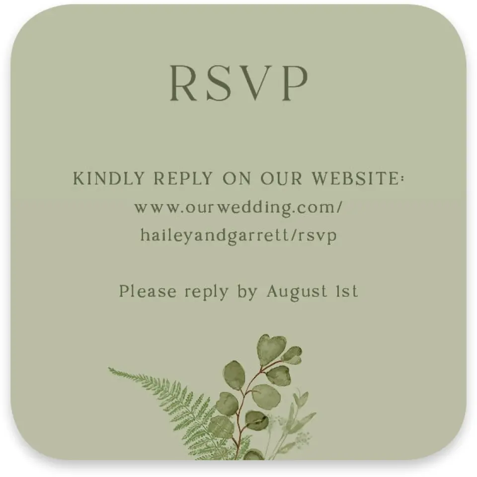 This is a 3¼" x 3¼" Wedding Invitation RSVP Postcard called The Hailey printed in full color with Rose Gold foil on Luxe Satin paper