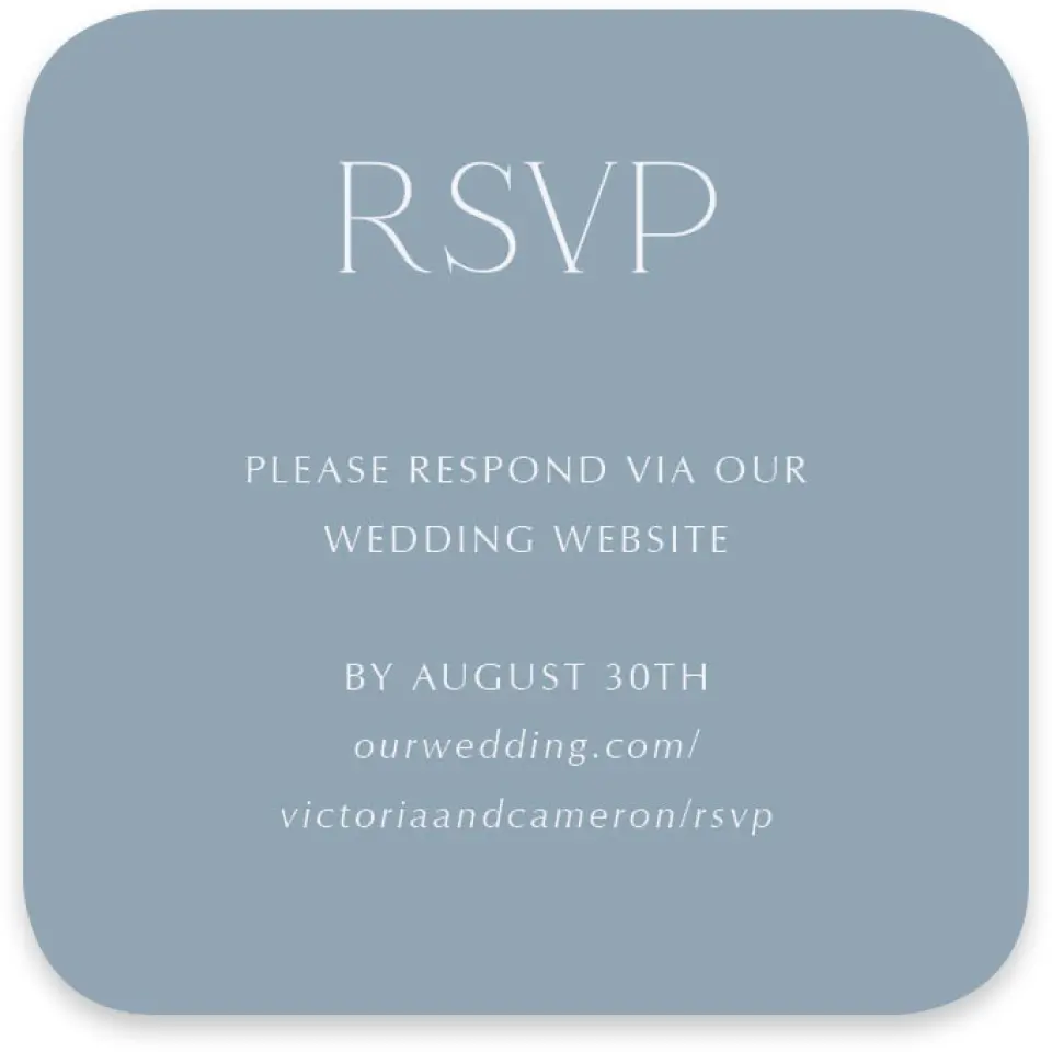 This is a 3¼" x 3¼" Wedding Invitation RSVP Postcard called The Victoria printed in full color with Gold foil on Luxe Satin paper