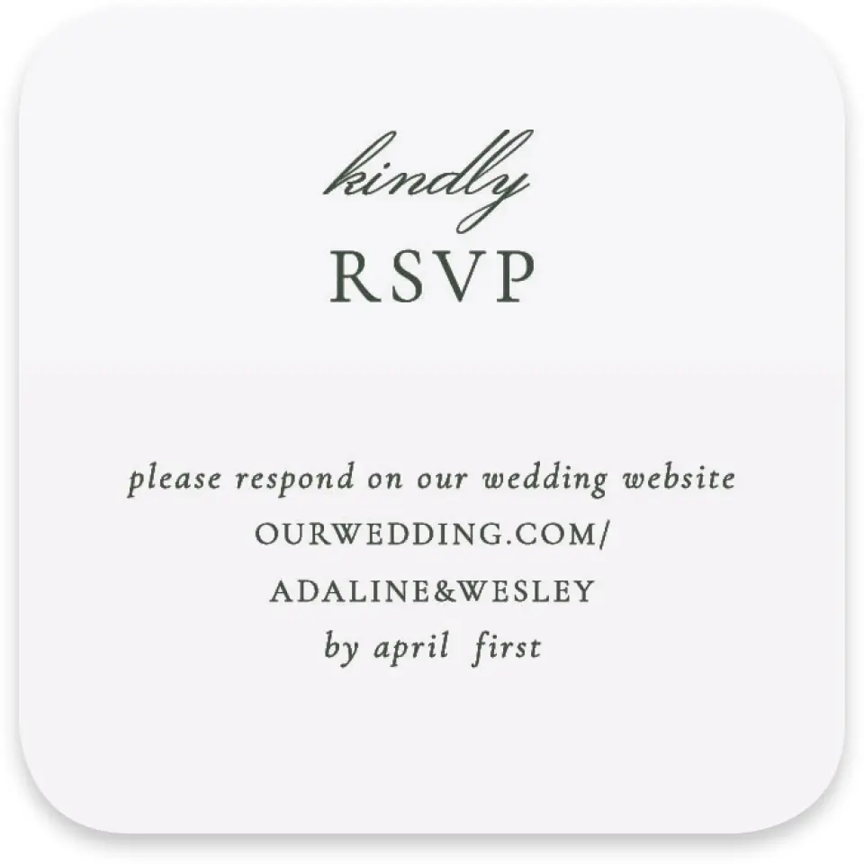 This is a 3¼" x 3¼" Wedding Invitation RSVP Postcard called The Adaline printed in full color on Luxe Satin paper
