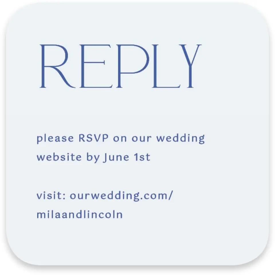 This is a 3¼" x 3¼" Wedding Invitation RSVP Postcard called The Mila printed in full color with Silver foil on Luxe Satin paper