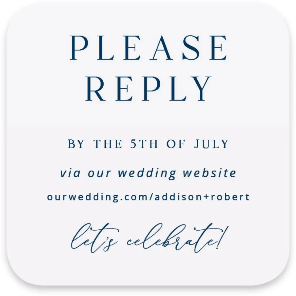 This is a 3¼" x 3¼" Wedding Invitation RSVP Postcard called The Addison printed in full color with Gold foil on Luxe Satin paper