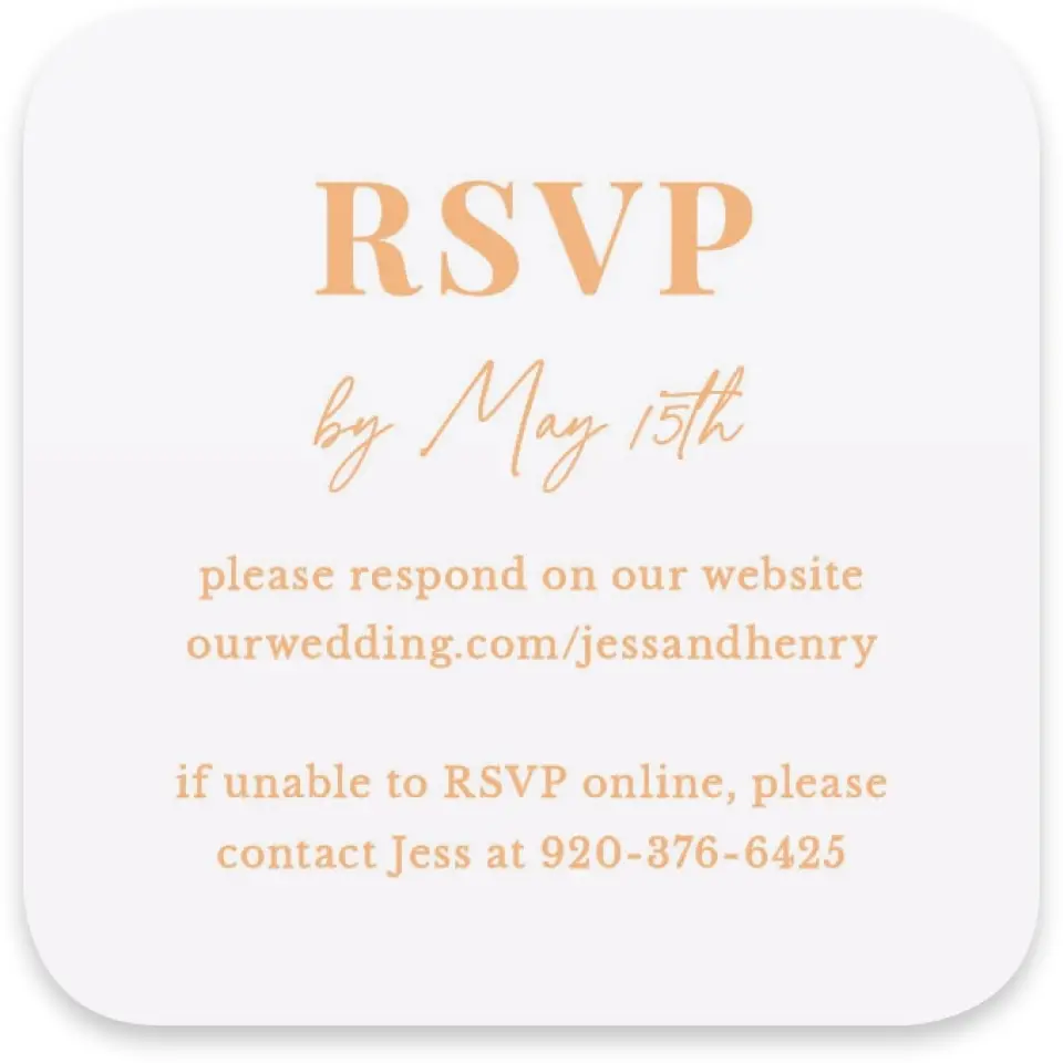 This is a 3¼" x 3¼" Wedding Invitation RSVP Postcard called The Jess printed in full color on Luxe Satin paper