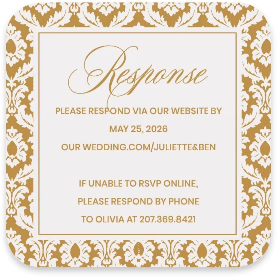 This is a 3¼" x 3¼" Wedding Invitation RSVP Postcard called Wayzata printed in full color with Gold foil on Luxe Satin paper