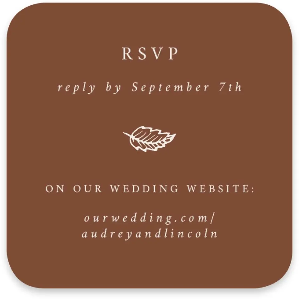 This is a 3¼" x 3¼" Wedding Invitation RSVP Postcard called Autumn Vow printed in full color on Luxe Satin paper