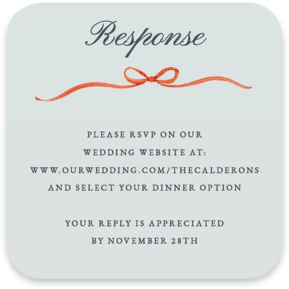 This is a 3¼" x 3¼" Wedding Invitation RSVP Postcard called Heirloom Holly printed in full color with Silver foil on Luxe Satin paper