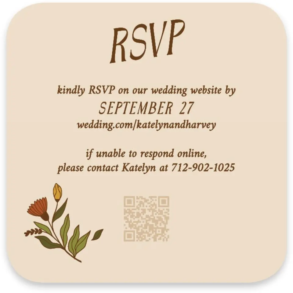 This is a 3¼" x 3¼" Wedding Invitation RSVP Postcard called Wild + Bright printed in full color with Rose Gold foil on Luxe Satin paper