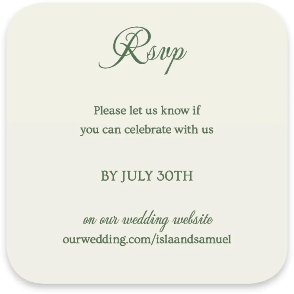 This is a 3¼" x 3¼" Wedding Invitation RSVP Postcard called Warwick printed in full color with Silver foil on Luxe Satin paper