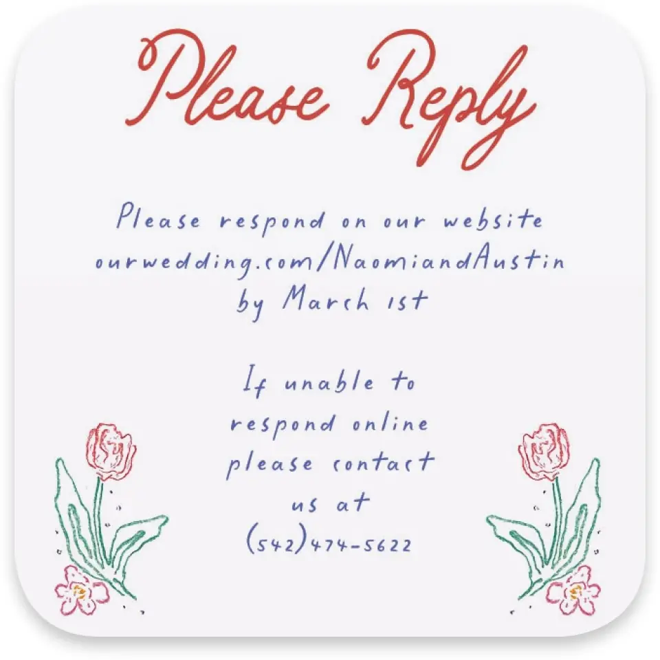 This is a 3¼" x 3¼" Wedding Invitation RSVP Postcard called Whimsy Love printed in full color with Silver foil on Luxe Satin paper
