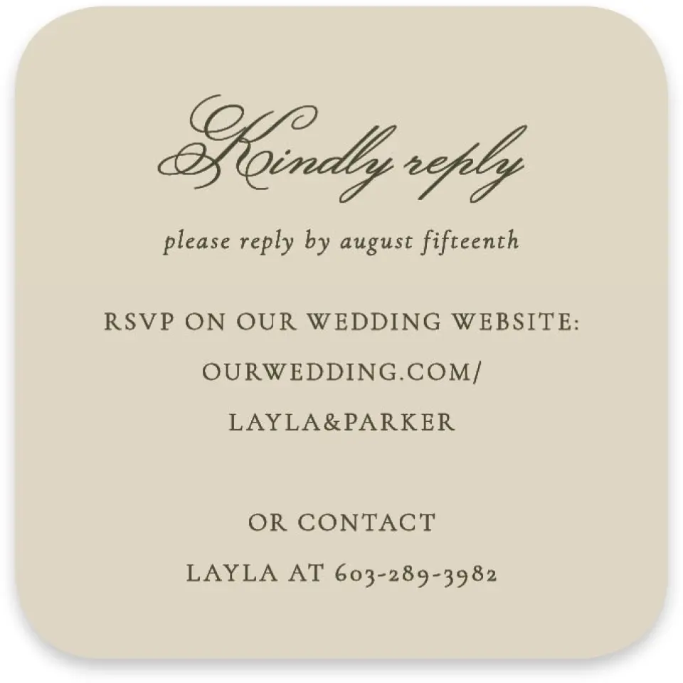This is a 3¼" x 3¼" Wedding Invitation RSVP Postcard called Holderness printed in full color with Silver foil on Luxe Satin paper