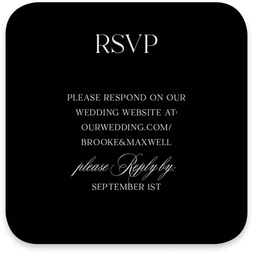This is a 3¼" x 3¼" Wedding Invitation RSVP Postcard called Greenwich printed in full color with Silver foil on Luxe Satin paper