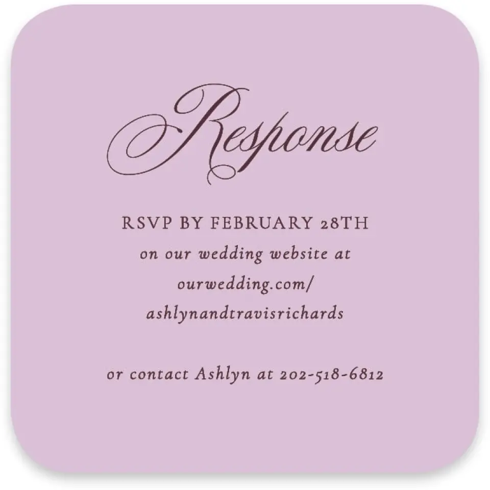 This is a 3¼" x 3¼" Wedding Invitation RSVP Postcard called Georgetown printed in full color on Luxe Satin paper