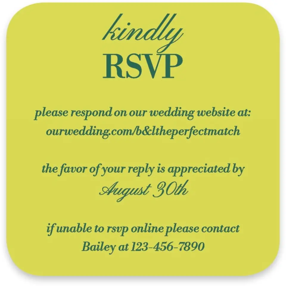 This is a 3¼" x 3¼" Wedding Invitation RSVP Postcard called Serving Up Forever printed in full color with Silver foil on Luxe Satin paper