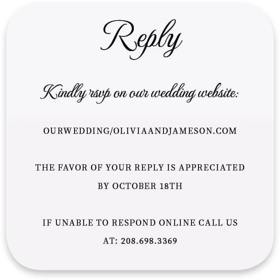 This is a 3¼" x 3¼" Wedding Invitation RSVP Postcard called Scarsdale printed in full color with Silver foil on Luxe Satin paper