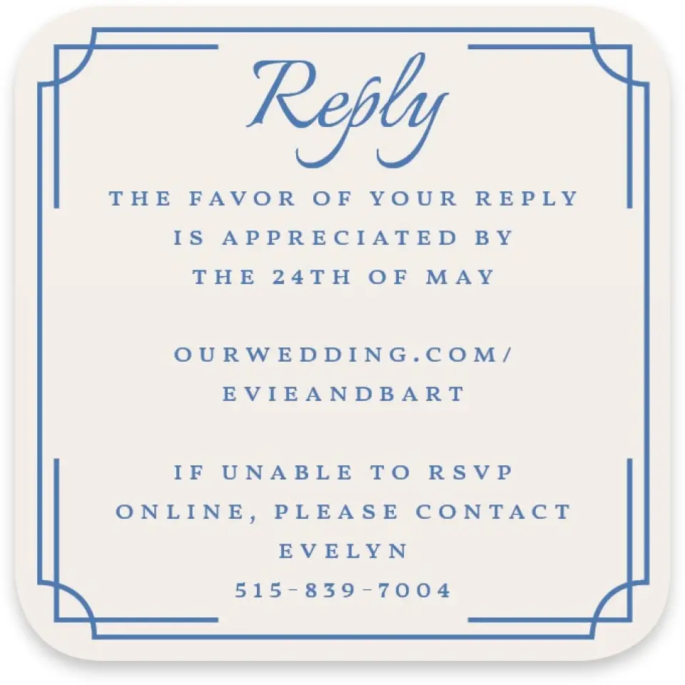 This is a 3¼" x 3¼" Wedding Invitation RSVP Postcard called Cambridge printed in full color with Silver foil on Luxe Satin paper