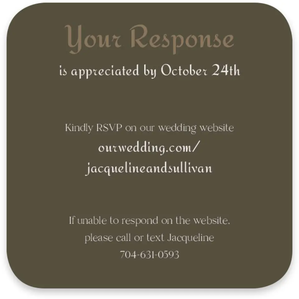 This is a 3¼" x 3¼" Wedding Invitation RSVP Postcard called Lafayette printed in full color on Luxe Satin paper