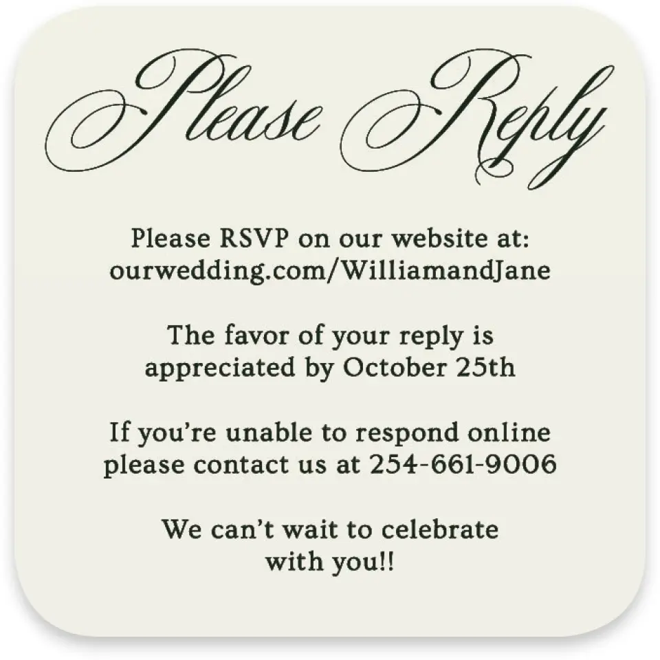 This is a 3¼" x 3¼" Wedding Invitation RSVP Postcard called Hillsborough printed in full color with Silver foil on Luxe Satin paper