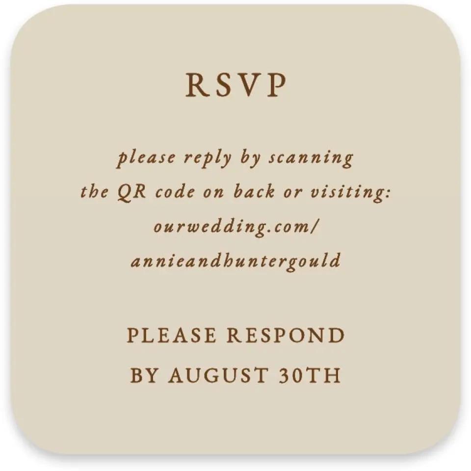 This is a 3¼" x 3¼" Wedding Invitation RSVP Postcard called Cedarhill Crossing printed in full color on Luxe Satin paper