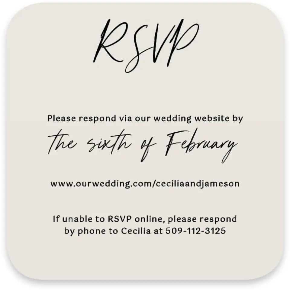 This is a 3¼" x 3¼" Wedding Invitation RSVP Postcard called Nazareth & Stone printed in full color on Luxe Satin paper
