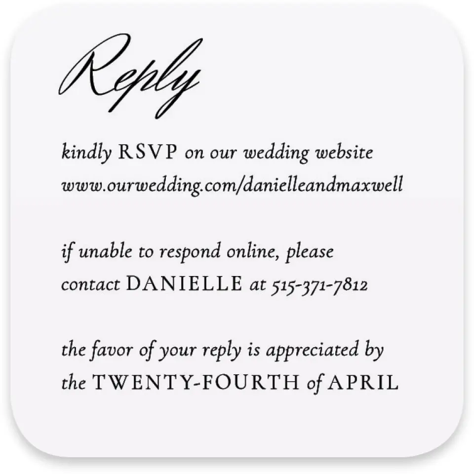 This is a 3¼" x 3¼" Wedding Invitation RSVP Postcard called Commonwealth Club printed in full color with Silver foil on Luxe Satin paper