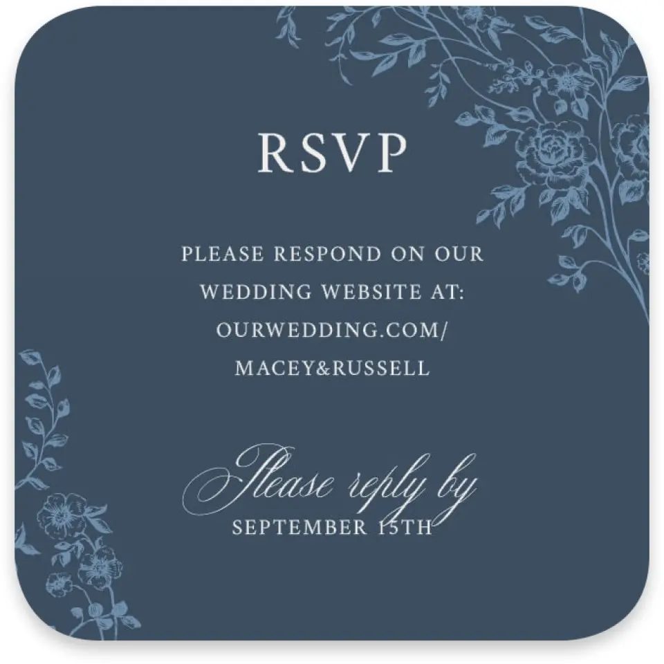 This is a 3¼" x 3¼" Wedding Invitation RSVP Postcard called Vintage Reverie printed in full color with Silver foil on Luxe Satin paper