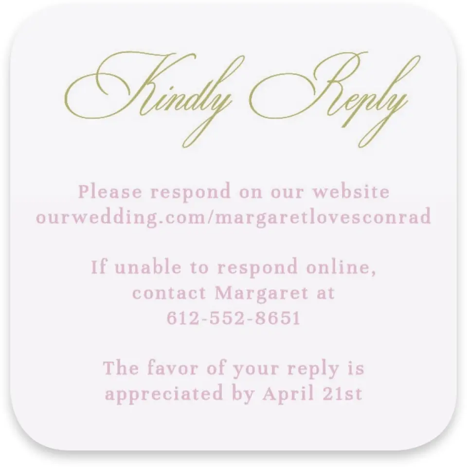 This is a 3¼" x 3¼" Wedding Invitation RSVP Postcard called Evening in Bloom printed in full color with Silver foil on Luxe Satin paper