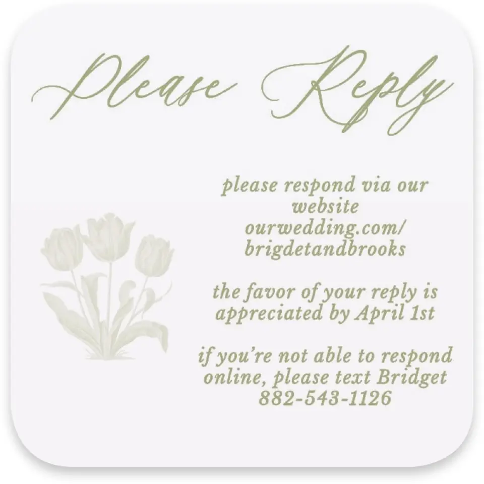 This is a 3¼" x 3¼" Wedding Invitation RSVP Postcard called Timeless Tulips printed in full color with Silver foil on Luxe Satin paper