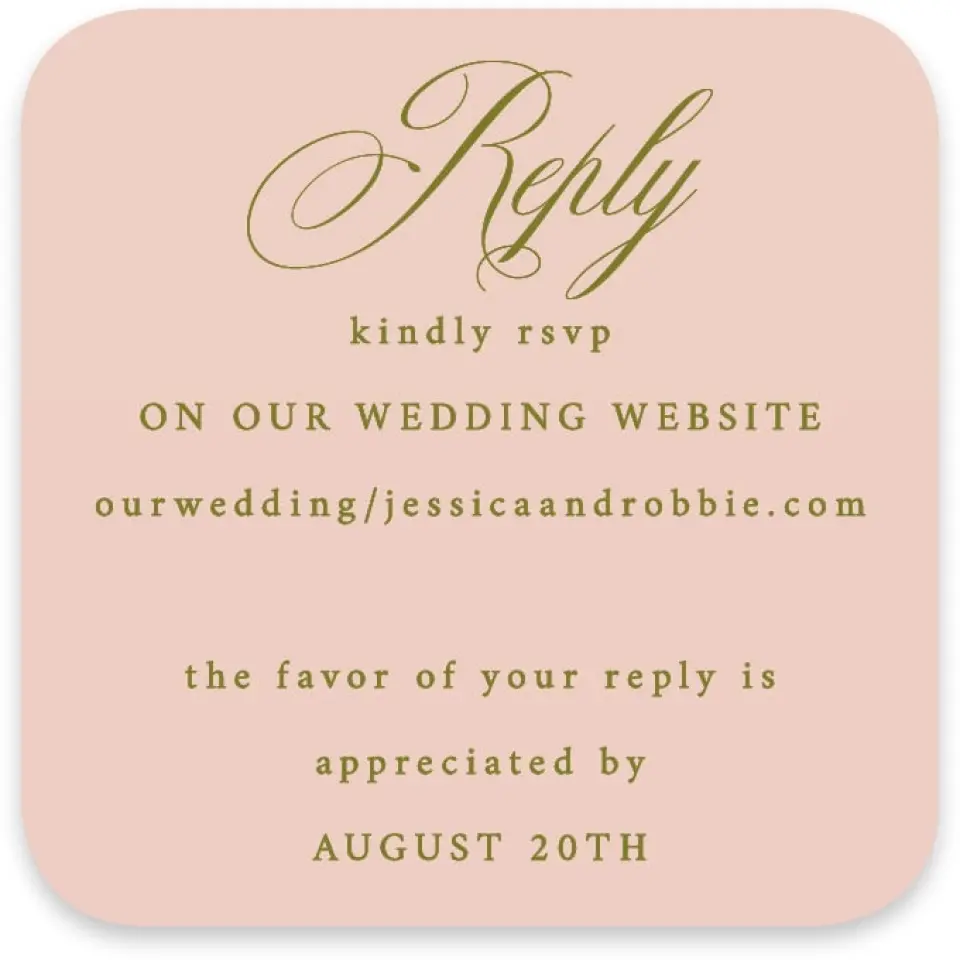 This is a 3¼" x 3¼" Wedding Invitation RSVP Postcard called Love Off Script printed in full color with Silver foil on Luxe Satin paper