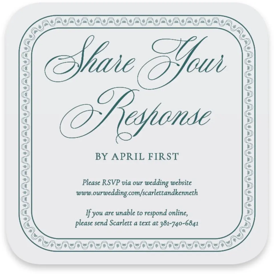 This is a 3¼" x 3¼" Wedding Invitation RSVP Postcard called Delicate Vintage printed in full color with Silver foil on Luxe Satin paper