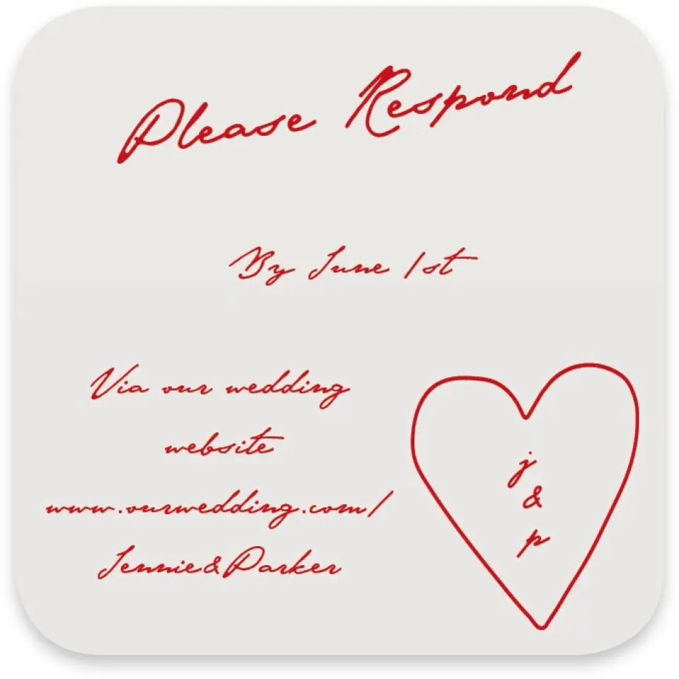 This is a 3¼" x 3¼" Wedding Invitation RSVP Postcard called With All Our Love printed in full color with Silver foil on Luxe Satin paper
