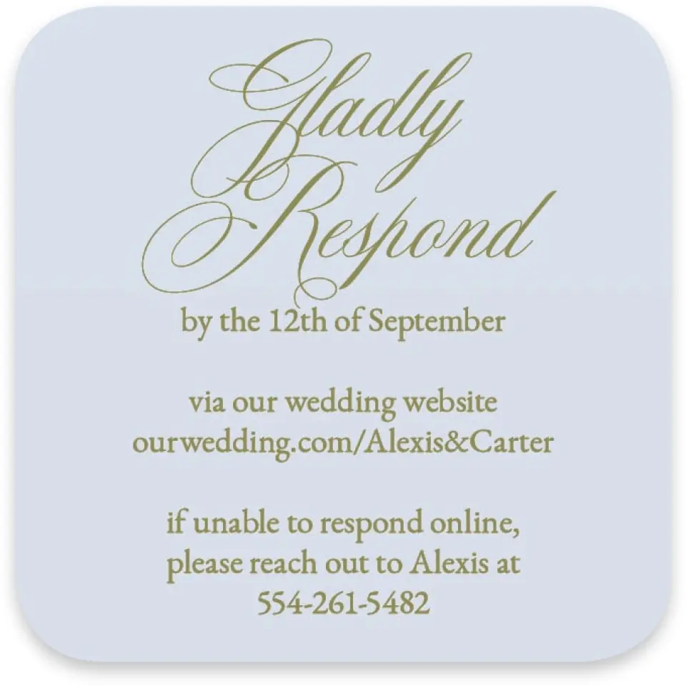 This is a 3¼" x 3¼" Wedding Invitation RSVP Postcard called Signature Vows printed in full color with Silver foil on Luxe Satin paper