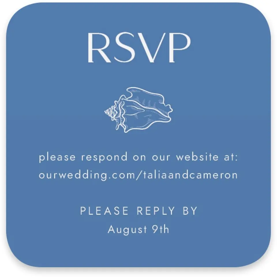This is a 3¼" x 3¼" Wedding Invitation RSVP Postcard called Seaside Serenade printed in full color with Silver foil on Luxe Satin paper