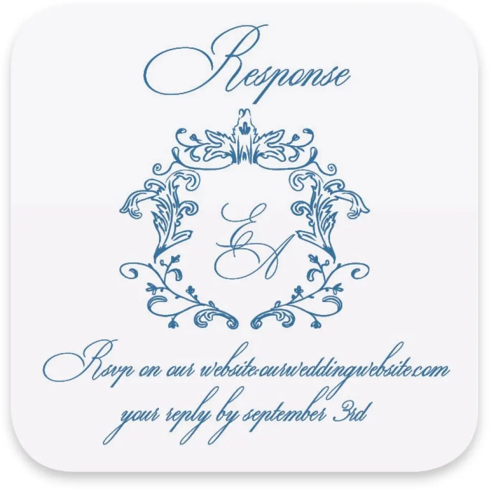 This is a 3¼" x 3¼" Wedding Invitation RSVP Postcard called Blue Toile Romance printed in full color with Silver foil on Luxe Satin paper