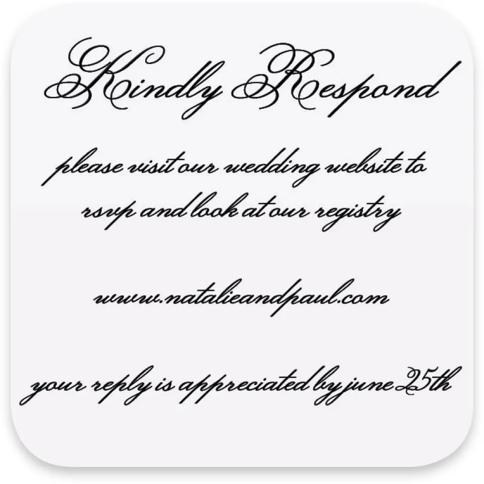This is a 3¼" x 3¼" Wedding Invitation RSVP Postcard called Formal Script printed in full color with Silver foil on Luxe Satin paper