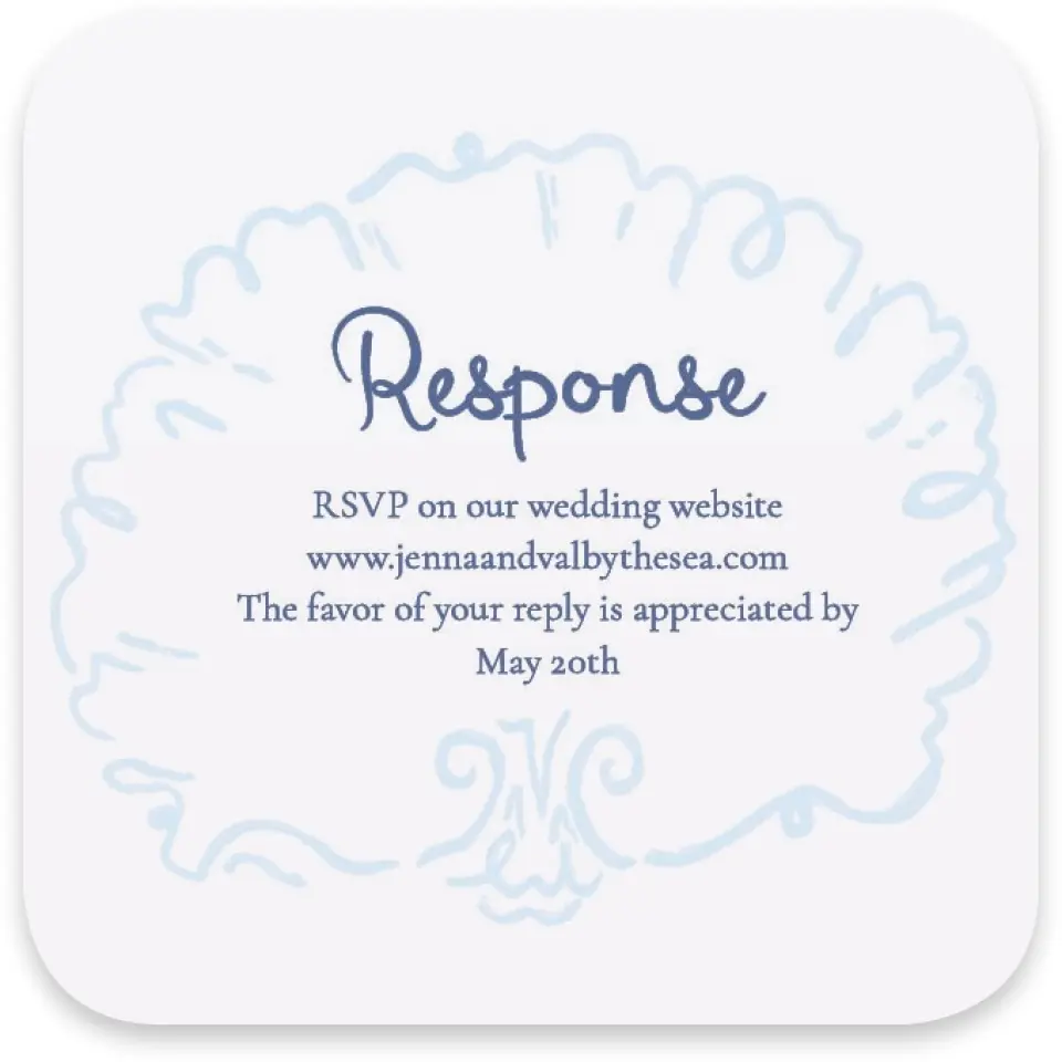 This is a 3¼" x 3¼" Wedding Invitation RSVP Postcard called Love by the Sea printed in full color on Luxe Satin paper