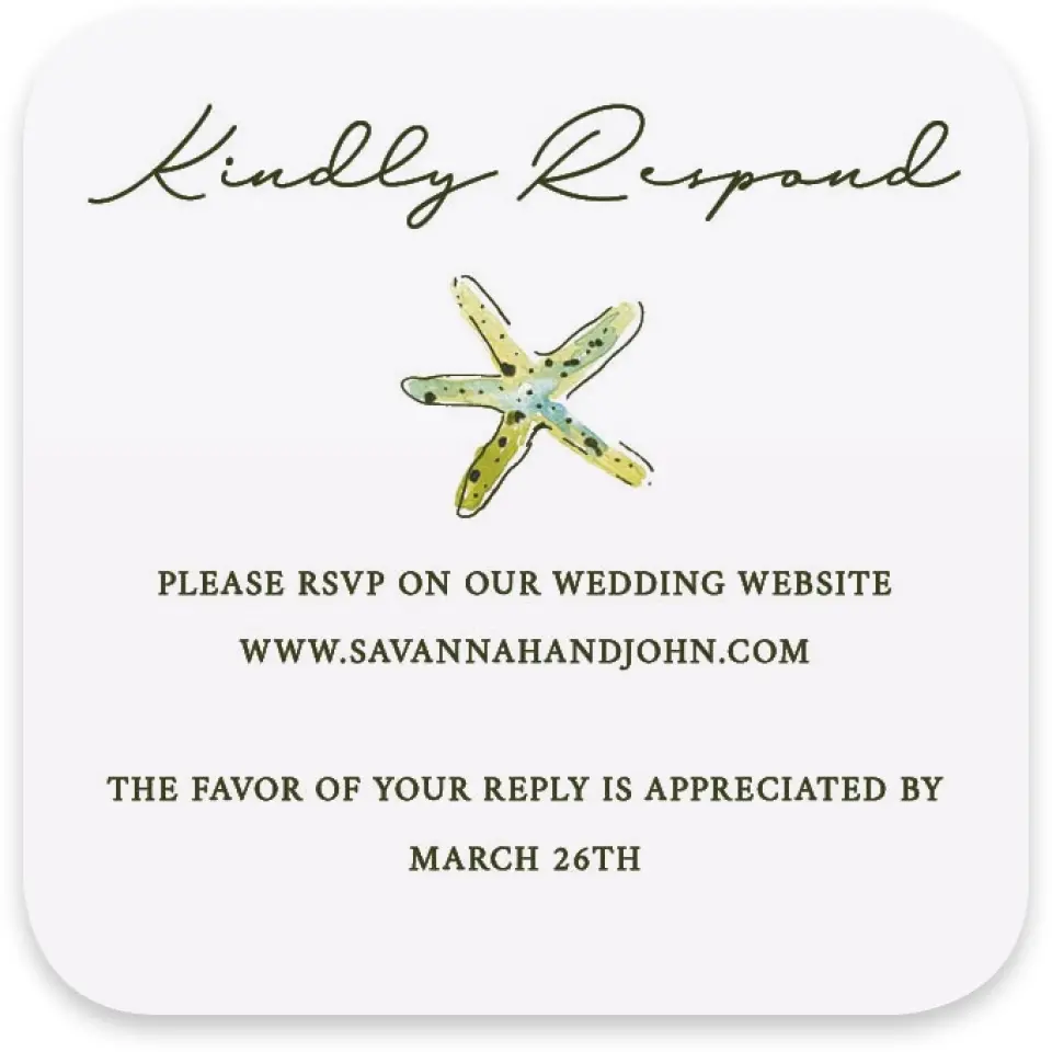 This is a 3¼" x 3¼" Wedding Invitation RSVP Postcard called Whimsical Shells printed in full color on Luxe Satin paper
