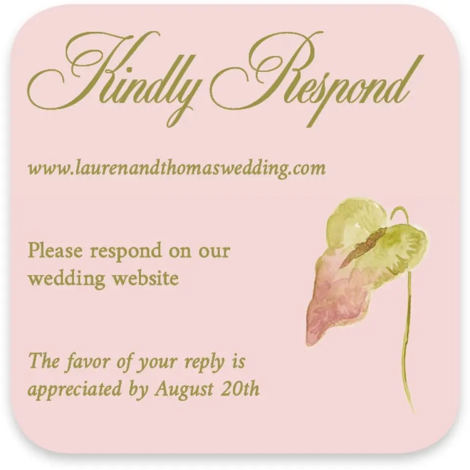 This is a 3¼" x 3¼" Wedding Invitation RSVP Postcard called Paradise in Bloom printed in full color on Luxe Satin paper