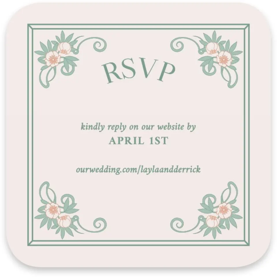 This is a 3¼" x 3¼" Wedding Invitation RSVP Postcard called Vintage Dream printed in full color with Gold foil on Luxe Satin paper