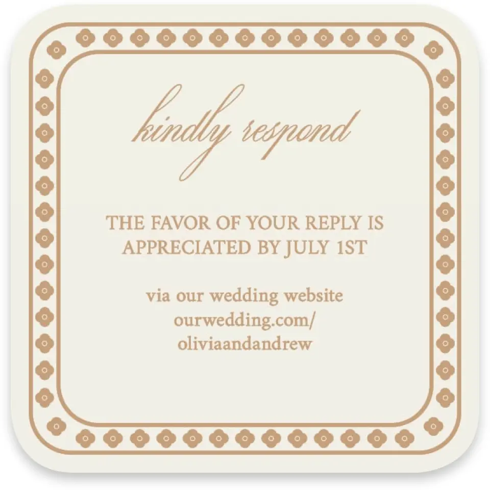 This is a 3¼" x 3¼" Wedding Invitation RSVP Postcard called Beaded Veil printed in full color with Silver foil on Luxe Satin paper