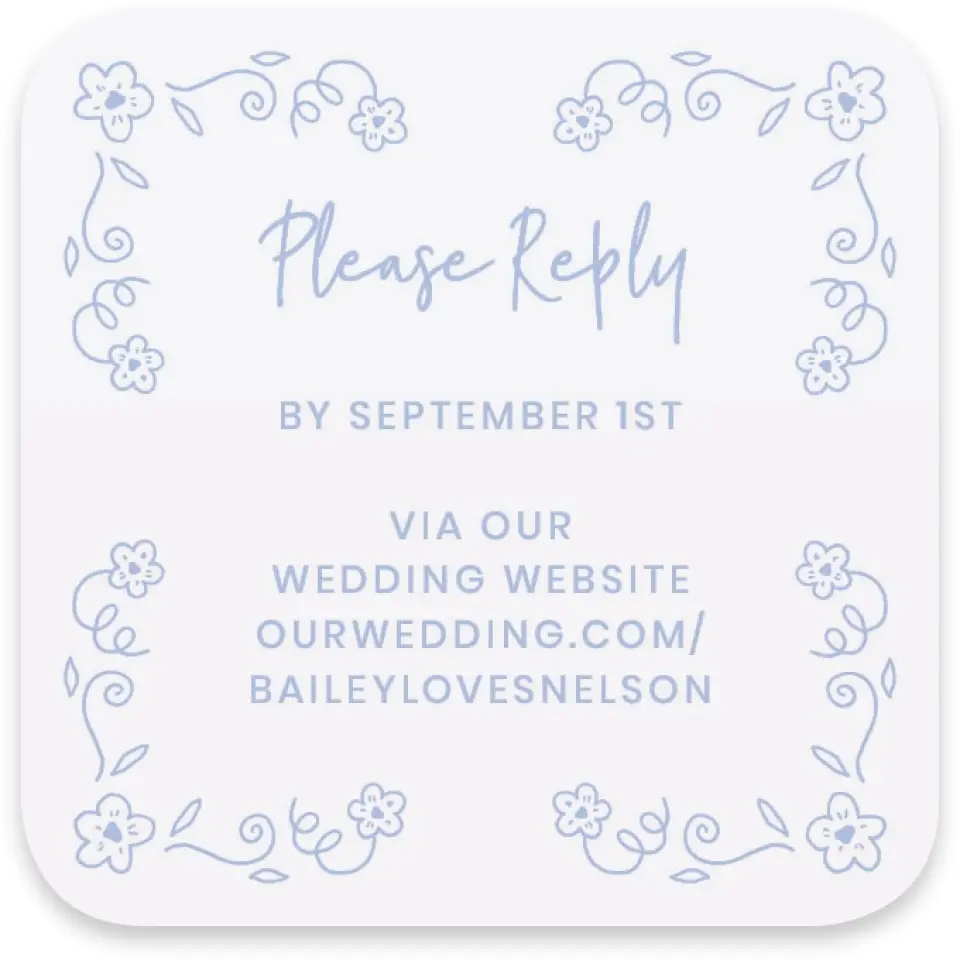 This is a 3¼" x 3¼" Wedding Invitation RSVP Postcard called Framed in Flowers printed in full color with Silver foil on Luxe Satin paper