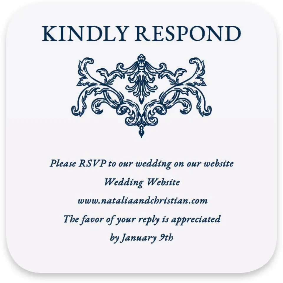 This is a 3¼" x 3¼" Wedding Invitation RSVP Postcard called Heirloom Crest printed in full color with Silver foil on Luxe Satin paper