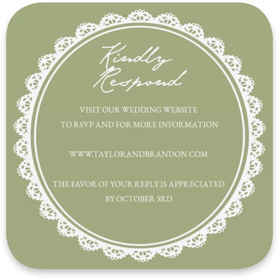 This is a 3¼" x 3¼" Wedding Invitation RSVP Postcard called Verdant Romance printed in full color with Gold foil on Luxe Satin paper