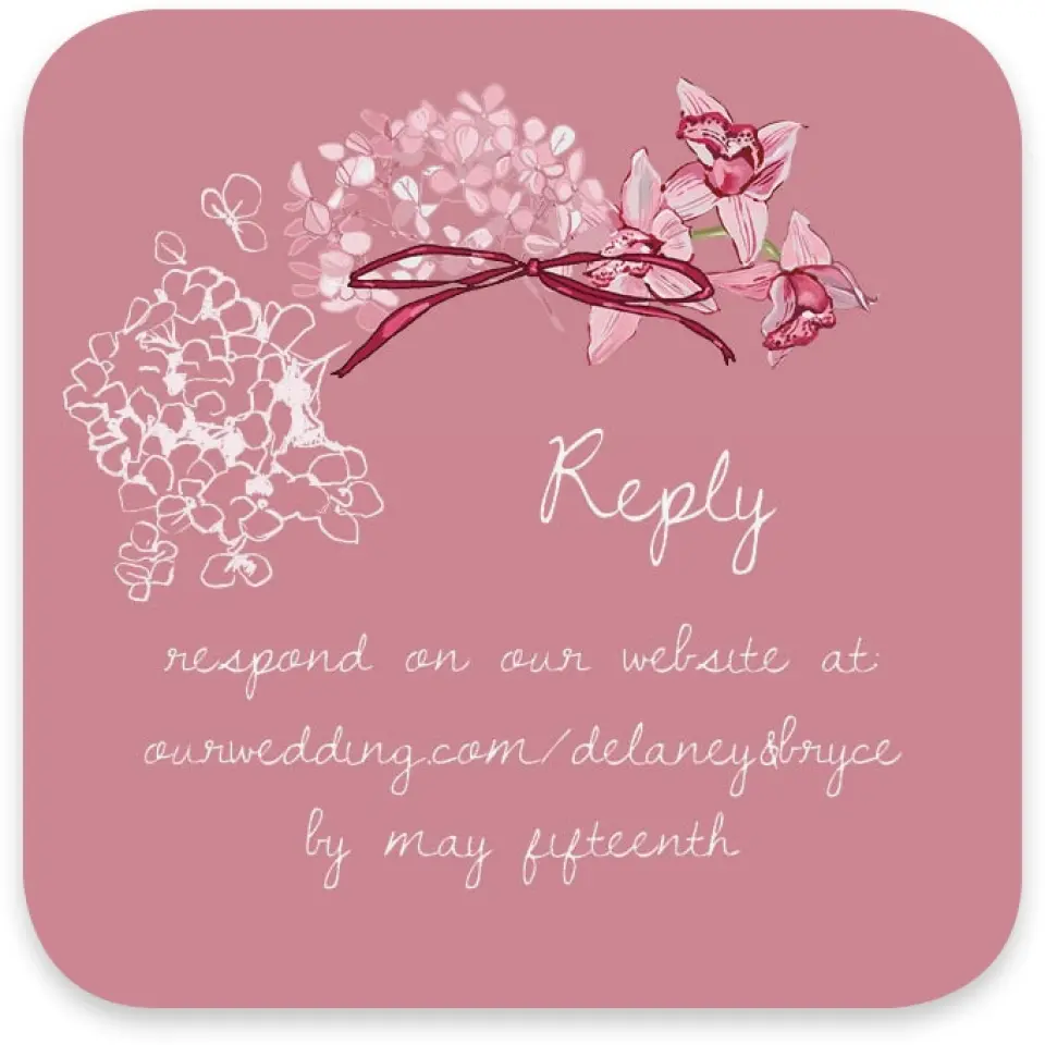 This is a 3¼" x 3¼" Wedding Invitation RSVP Postcard called Blushing Whimsy printed in full color with Gold foil on Luxe Satin paper