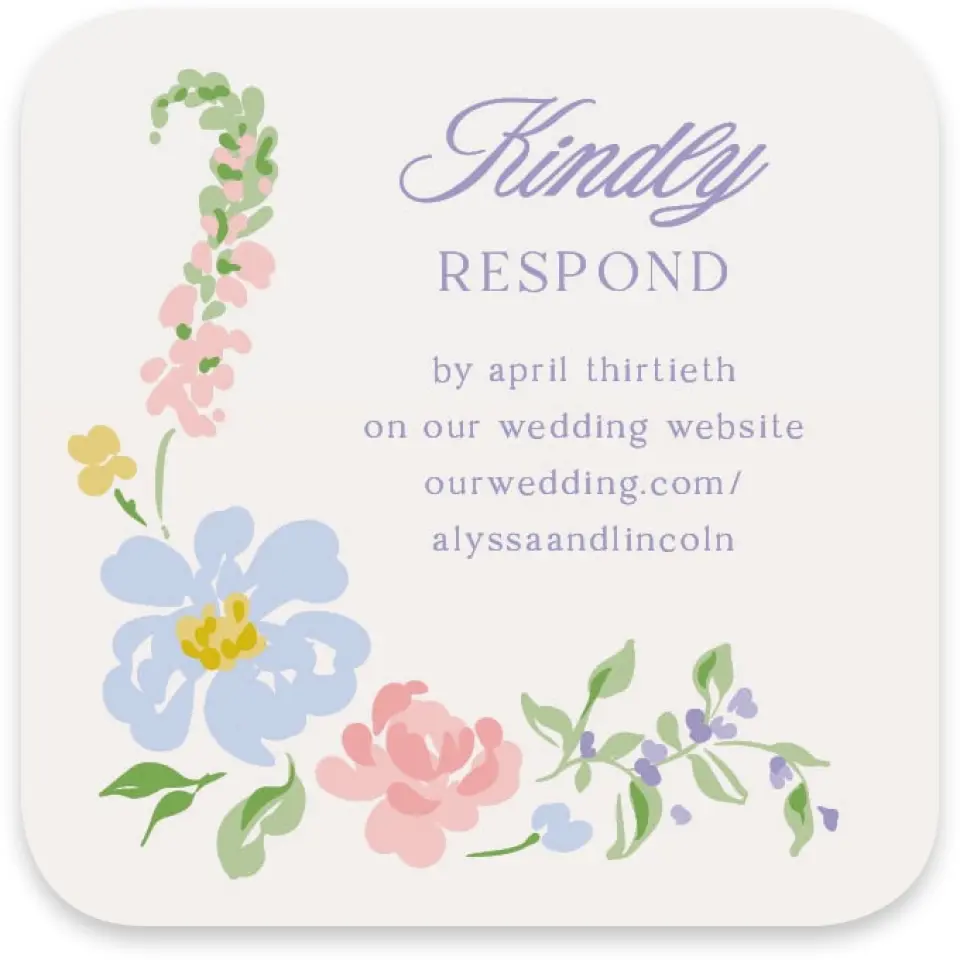 This is a 3¼" x 3¼" Wedding Invitation RSVP Postcard called Gentle Garden printed in full color with Gold foil on Luxe Satin paper