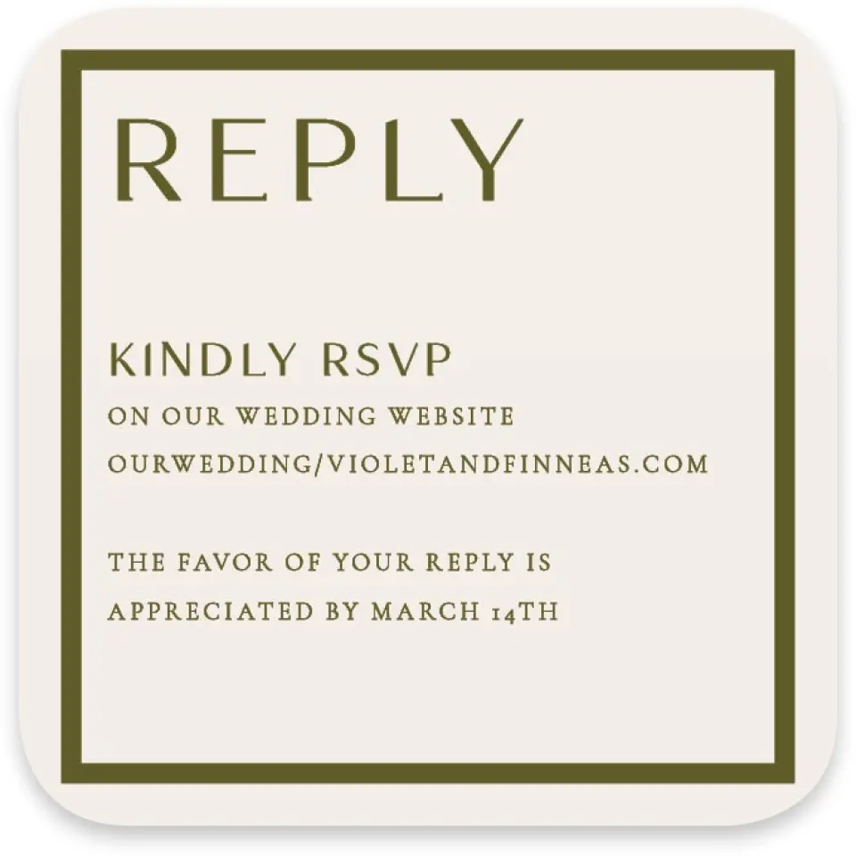 This is a 3¼" x 3¼" Wedding Invitation RSVP Postcard called Delicate Love printed in full color with Gold foil on Luxe Satin paper