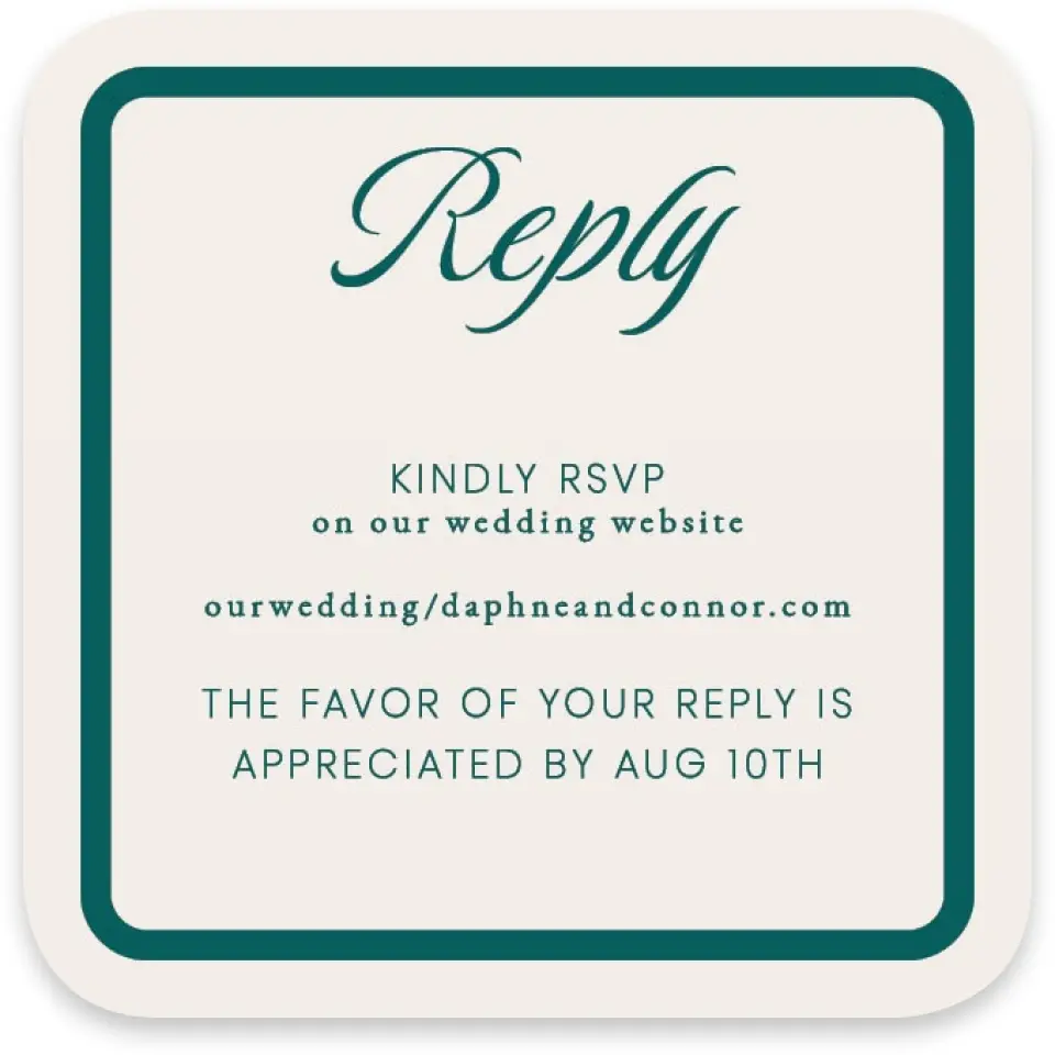 This is a 3¼" x 3¼" Wedding Invitation RSVP Postcard called Faithful Frame printed in full color with Gold foil on Luxe Satin paper